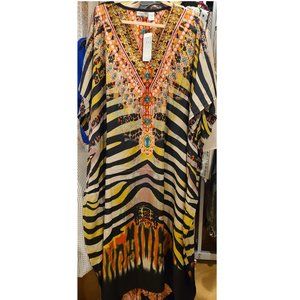 Sante Classics Kaftan Maxi Dress Tiger stripre animal /pearl print V Neck OS NEW